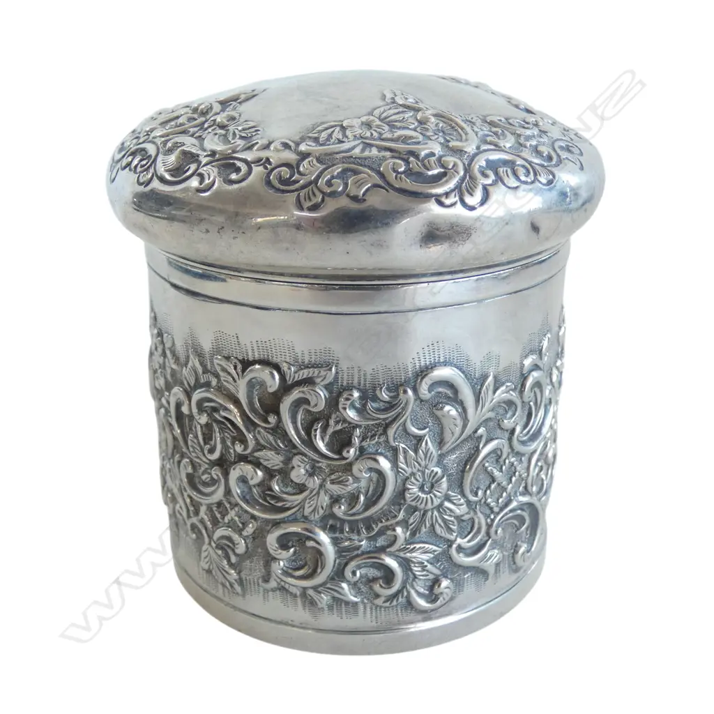 STG SILVER EMBOSSED CONTAINER, CHESTER 1899, 150gms lid dented Image 1++