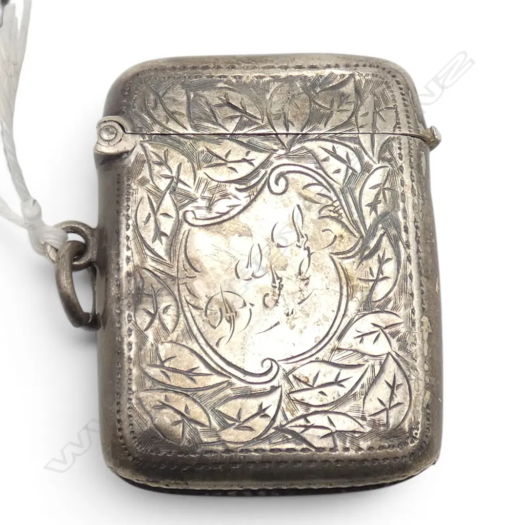 Birmingham 1908 SILVER ENGRAVED VESTA with suspension loop. Slight dents. 20gms.  Image 1++