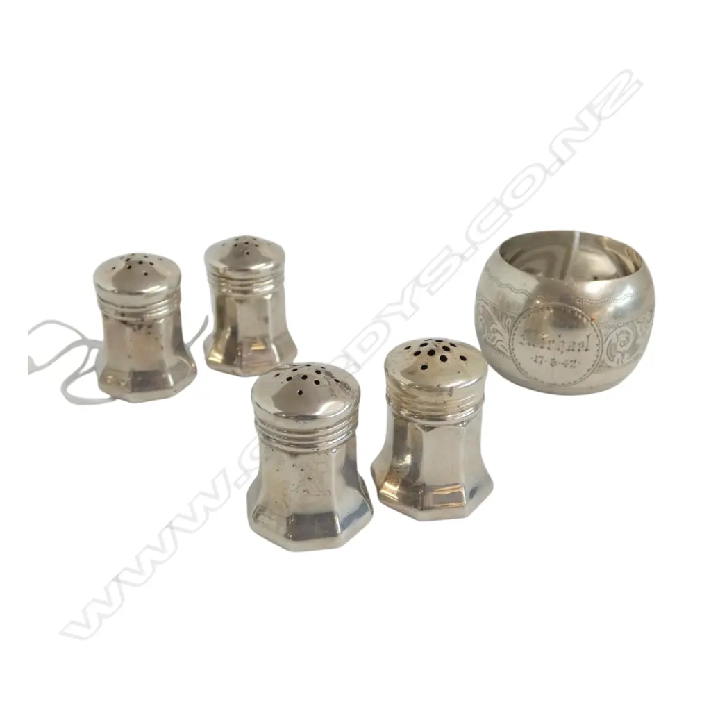 4 STG SILVER SALT & PEPPER SHAKERS + STG SILVER NAPKIN RING 60gms TW Image 1++