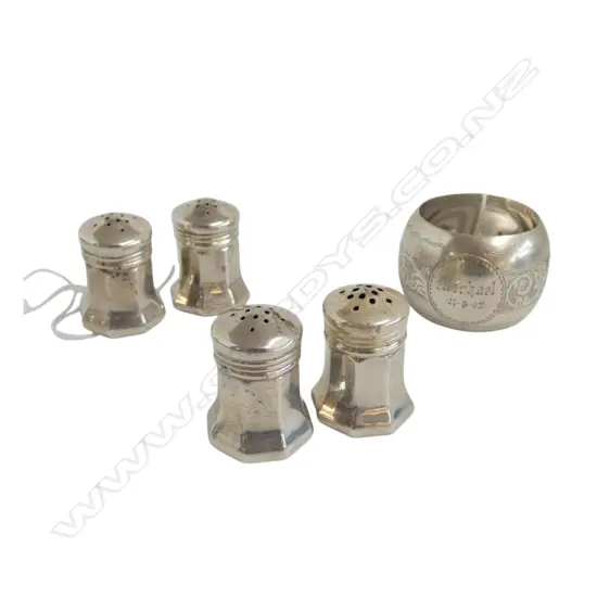 4 STG SILVER SALT & PEPPER SHAKERS + STG SILVER NAPKIN RING 60gms TW