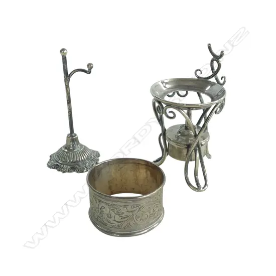 3 PCES STG SILVER; NAPKIN RING, POCKETWATCH HOLDER & BURNER STAND (WEIGHTED), 86gms TW