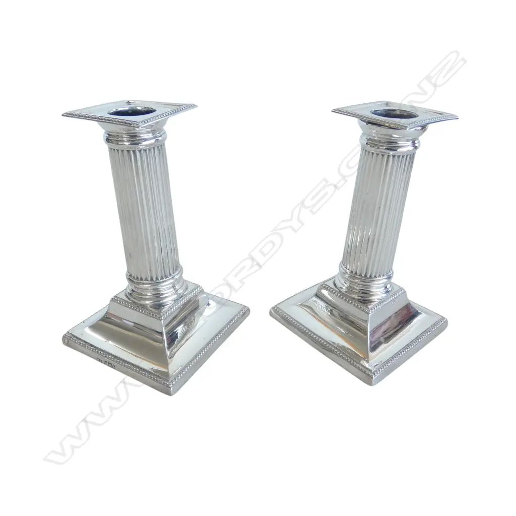 PR STG SILVER COLUMN CANDLE STICKS, SHEFFIELD 1900, H.140mm, WEIGHTED 630gms TW Image 1++