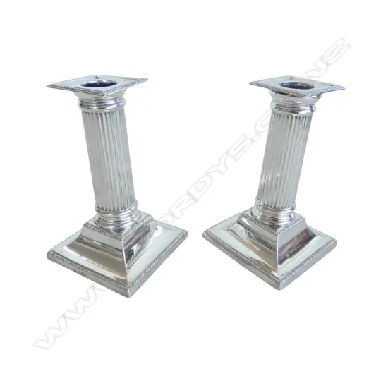 PR STG SILVER COLUMN CANDLE STICKS, SHEFFIELD 1900, H.140mm, WEIGHTED 630gms TW