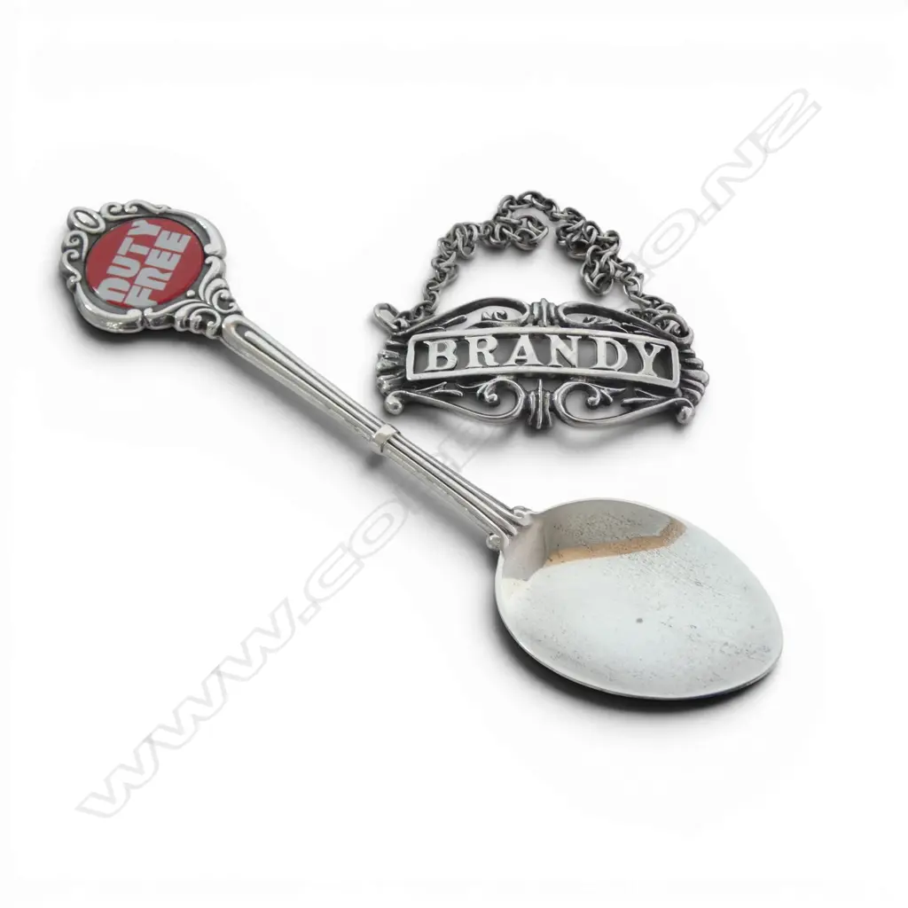 S/SILVER BRANDY BOTTLE TICKET & S/SILVER SOV SPOON 22GMS Image 1++