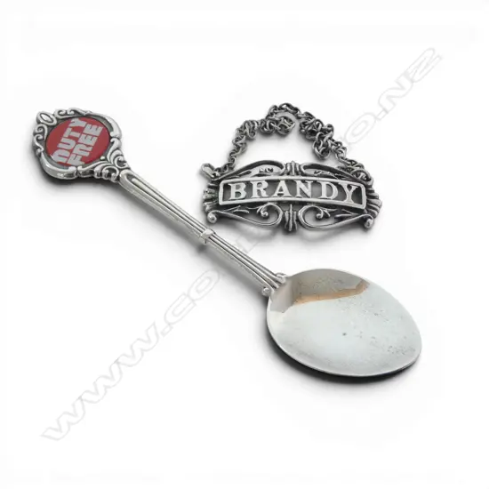 S/SILVER BRANDY BOTTLE TICKET & S/SILVER SOV SPOON 22GMS