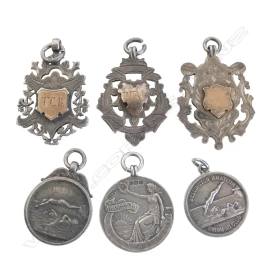 6 VINTAGE STG SILVER SWIMMING MEDALS three w. 9ct shields 67gms