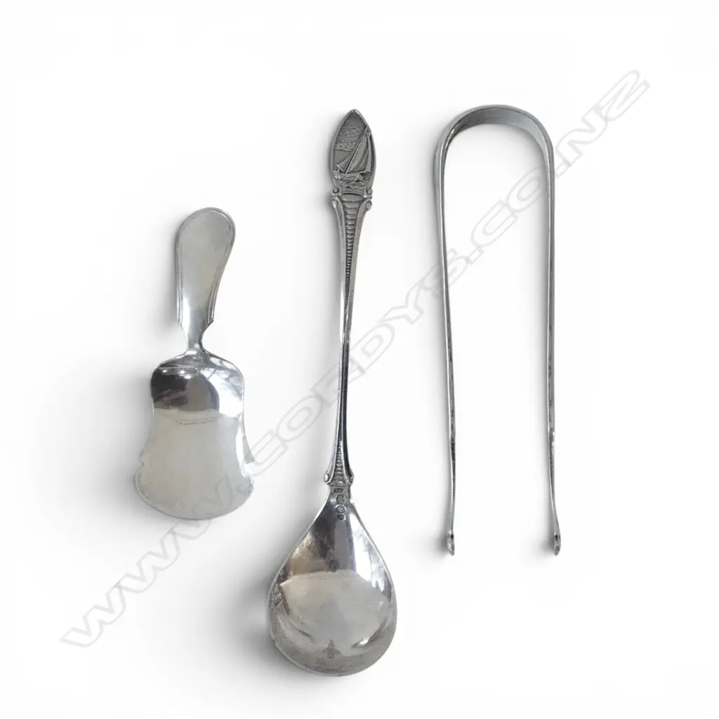 3 PCES DUTCH SILVER; LADLE, CADDY SPOON, TONGS 62gms Image 1++