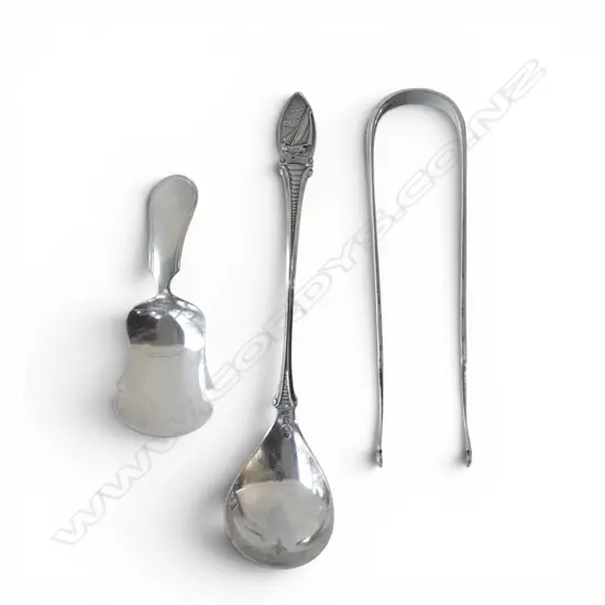 3 PCES DUTCH SILVER; LADLE, CADDY SPOON, TONGS 62gms