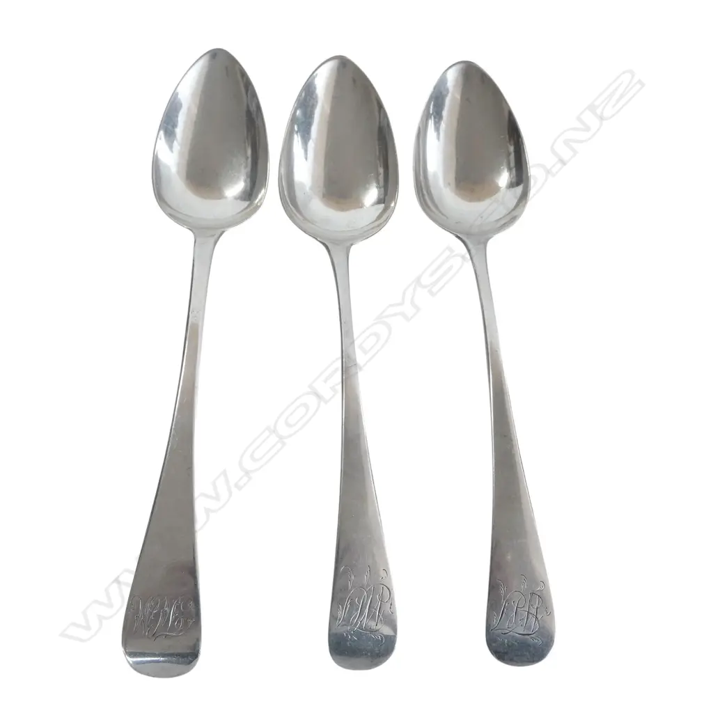 3 STG SILVER TABLE SPOONS (2x Peter, Ann & William Bateman London 1804) L.225mm, 167gms  Image 1++
