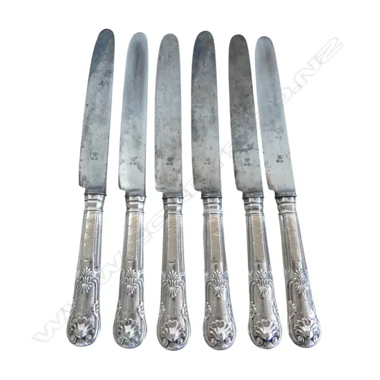 6 GEORGIAN STG SILVER KINGS PATTERN DINNER KNIVES L.280mm