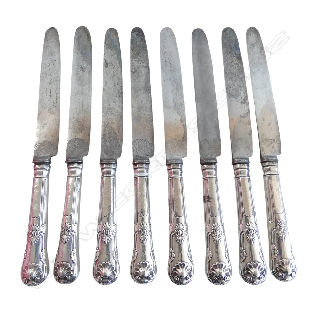 8 GEORGIAN STG SILVER KINGS PATTERN DINNER KNIVES L.280mm Image 1++