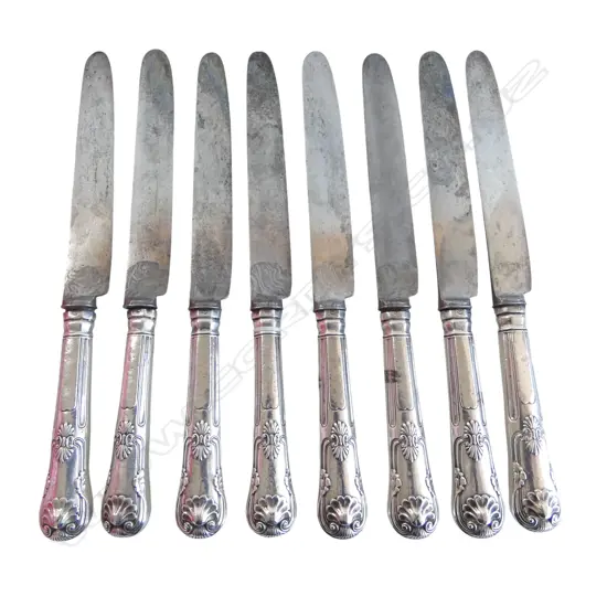 8 GEORGIAN STG SILVER KINGS PATTERN DINNER KNIVES L.280mm