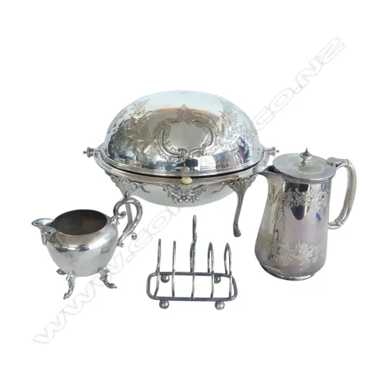 4 PCES OF SILVER PLATE Incl. REVOLVING TOP SERVING DISH