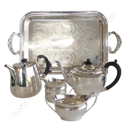 SILVER PLATE 5 PCE TEA & COFFEE SET ON TRAY W.530mm