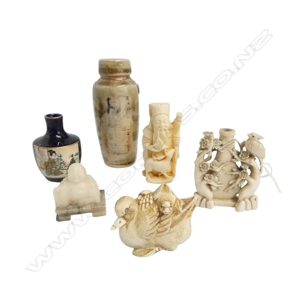 IVORY DUCK NESTUKE + SNUFF BOTTLE (NO LID) H.60mm, RESIN FIGURE, SOAPSTONE BUDDHA, 2 CERAMICS Image 1++