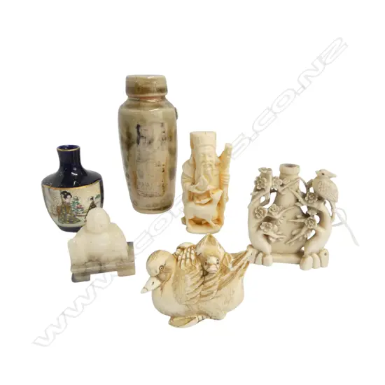 IVORY DUCK NESTUKE + SNUFF BOTTLE (NO LID) H.60mm, RESIN FIGURE, SOAPSTONE BUDDHA, 2 CERAMICS