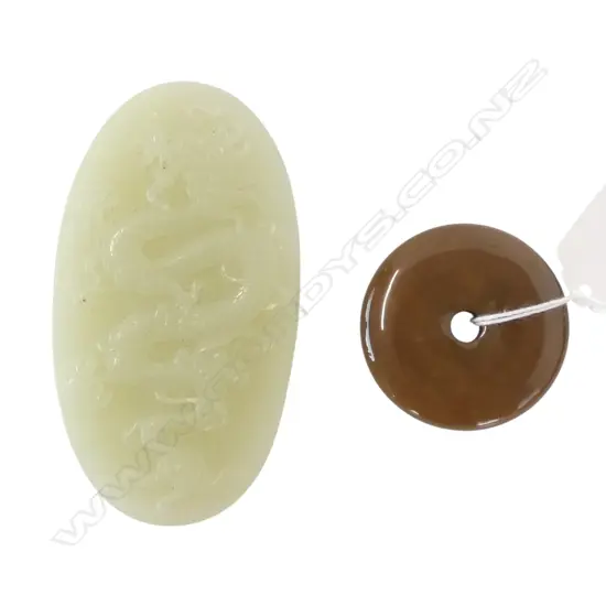 2 PCES ORIENTAL JADE; DISK 50mm dia, DRAGON 105x60mm