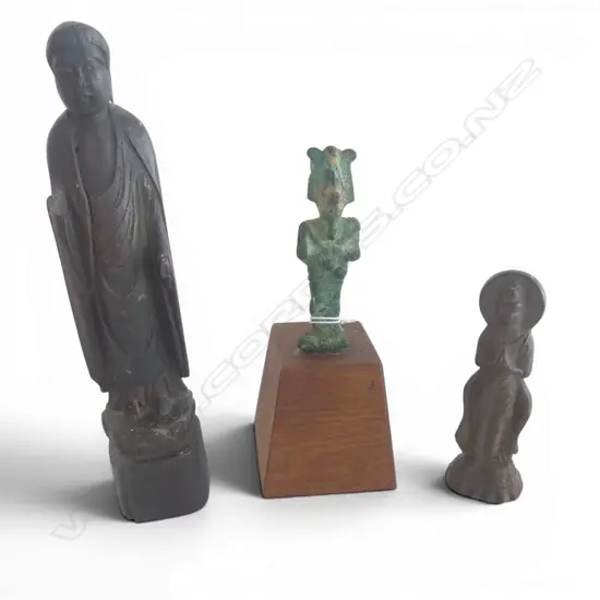 3 OLD/ANCIENT? REIGIOUS STATUES. Bronze + pottery + wood H.210mm