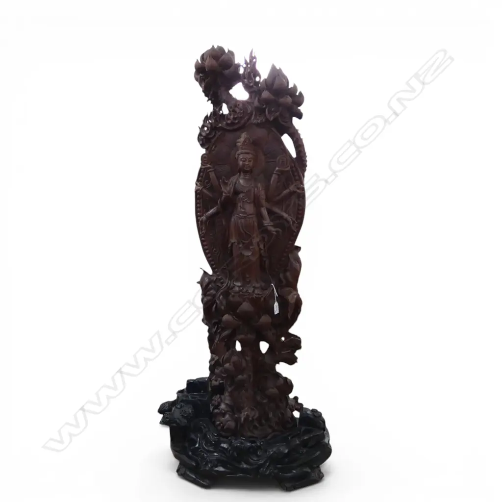 TALL CHINESE CARVED WOOD 8 ARM GUANYIN SCULPTURE on ebonised base Image 1++