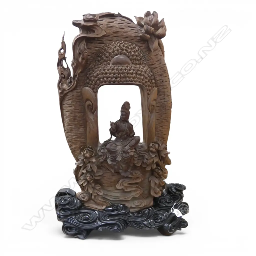 CHINESE CARVED GUANYIN SCULPTURE on ebonised scrolling cloud base H.800mm Image 1++
