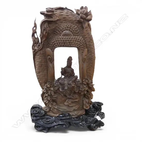 CHINESE CARVED GUANYIN SCULPTURE on ebonised scrolling cloud base H.800mm