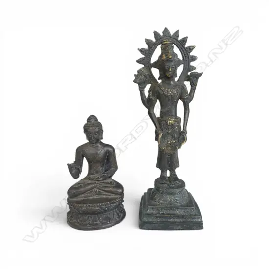 2 METAL RELIGIOUS FIGURES; SEATED BUDDHA & OTHER H.250mm