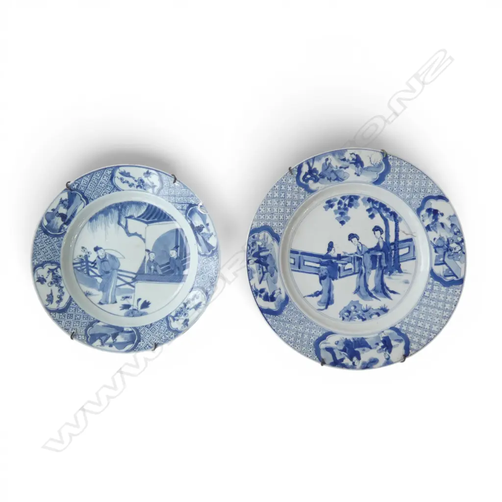 2 ORIENTAL B/W PLATES 260, 215mm dia smaller w. hairline, rim frits Image 1++
