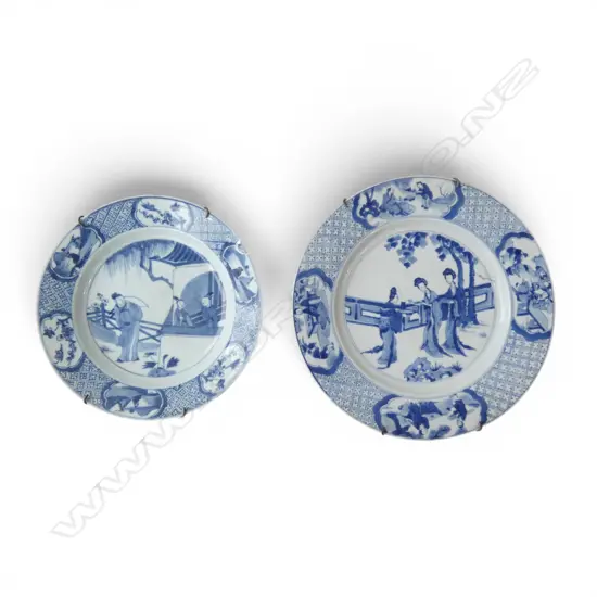 2 ORIENTAL B/W PLATES 260, 215mm dia smaller w. hairline, rim frits
