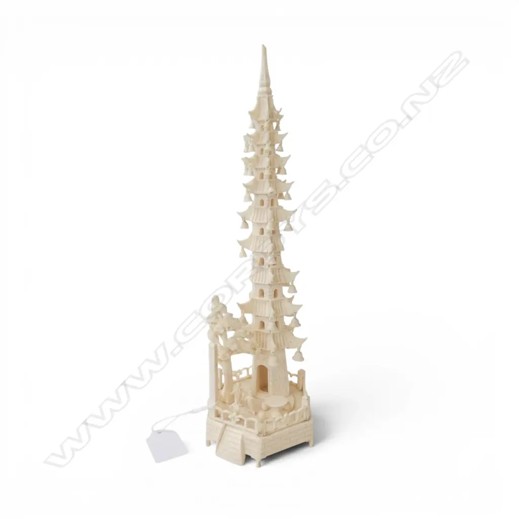 CARVED IVORY CHINESE PAGODA & COURTYARD faults H.290mm Image 1++