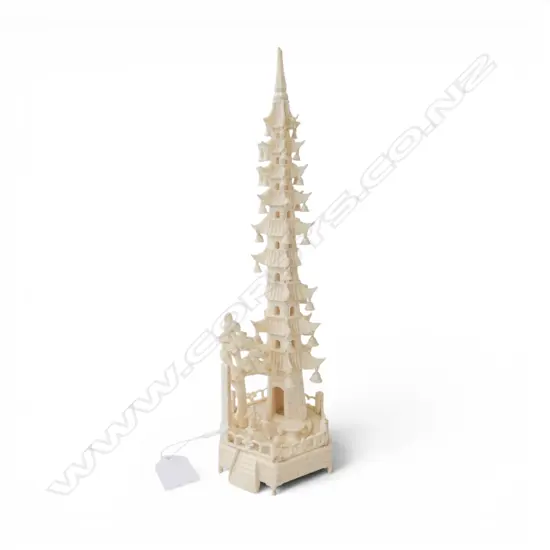 CARVED IVORY CHINESE PAGODA & COURTYARD faults H.290mm