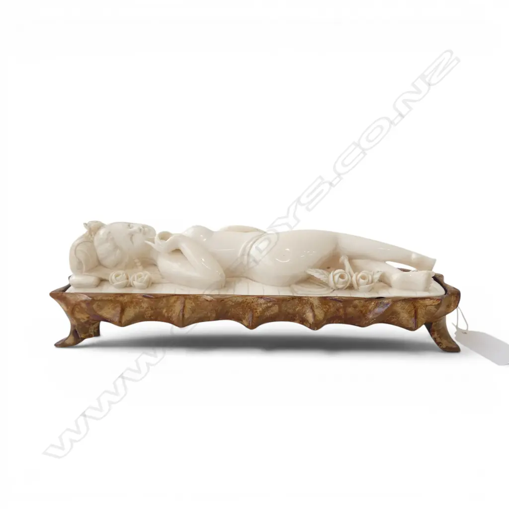 CARVED IVORY RECLINING NUDE FIGURE on carved wood stand L.220mm Image 1++