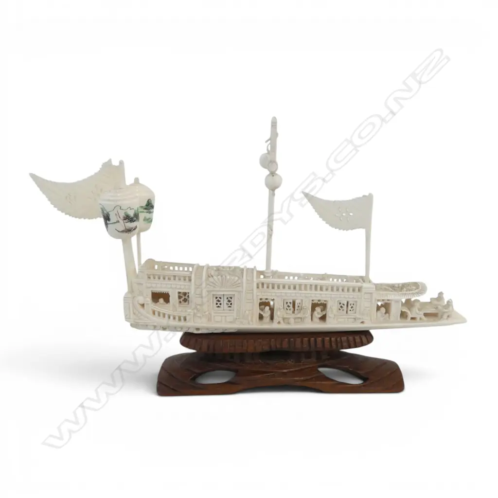 CHINESE CARVED IVORY JUNK BOAT with opening windows, on carved wood stand, chip to boat front L.180mm Image 1++