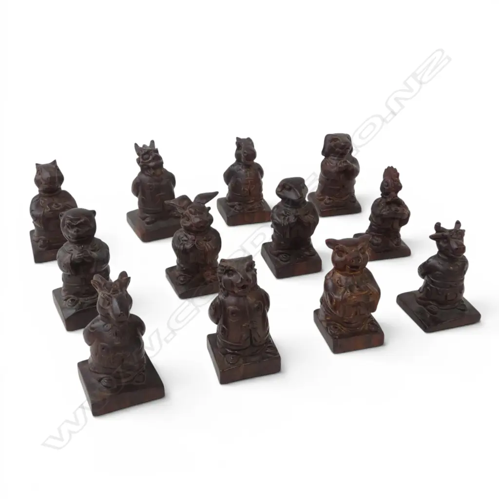 12 CHINESE CARVED ROSEWOOD ZODIAC FIGURES H.100mm Image 1++