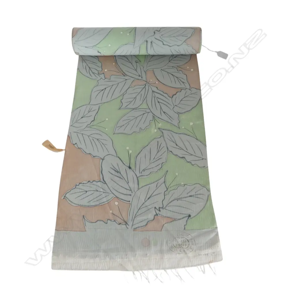 Unused 1980's NISHIJIN TEXTILE (Kyoto) JAPANESE pale green & leaf SILK ROLL L.12M W.370mm. New old stock Image 1++