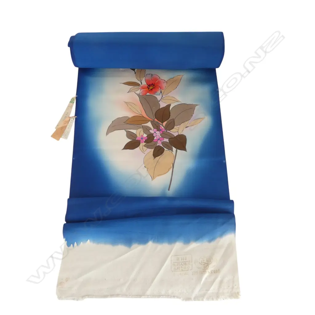 Unused 1980's NISHIJIN TEXTILE (Kyoto) JAPANESE cobalt blue, cream & floral SILK ROLL L.12M W.370mm. New old stock Image 1++