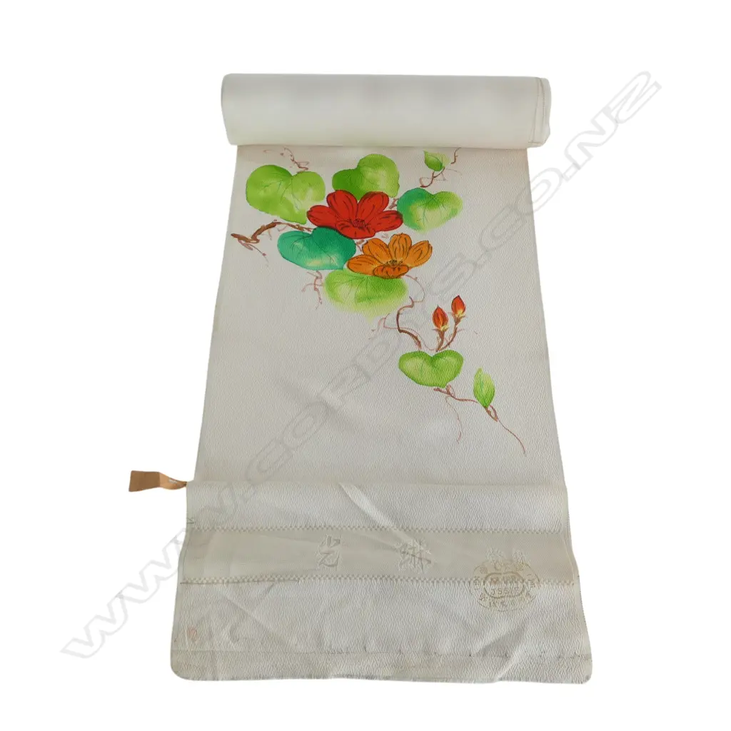 Unused 1980's NISHIJIN TEXTILE (Kyoto) JAPANESE cream & bright floral pat. SILK ROLL L.12M W.370mm. New old stock Image 1++