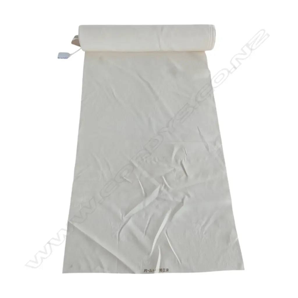 Unused 1980's NISHIJIN TEXTILE (Kyoto) JAPANESE cream w. characters pat. SILK ROLL L.12M W.370mm. New old stock Image 1++