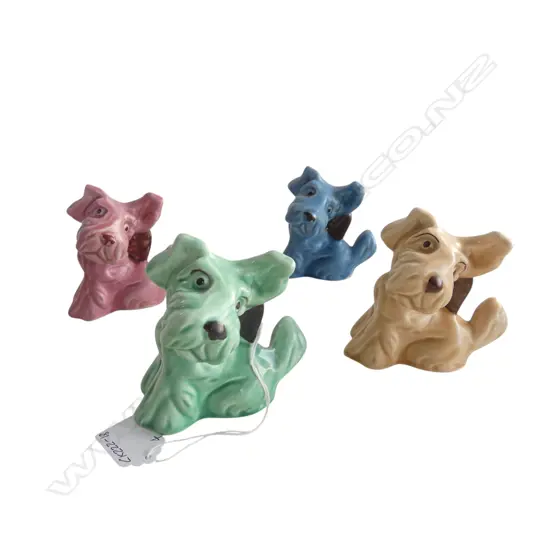 4 SYLVAC 'SCOTTIE DOG w BOW' #1119, GREEN, BLUE, PINK & BEIGE, H.85mm