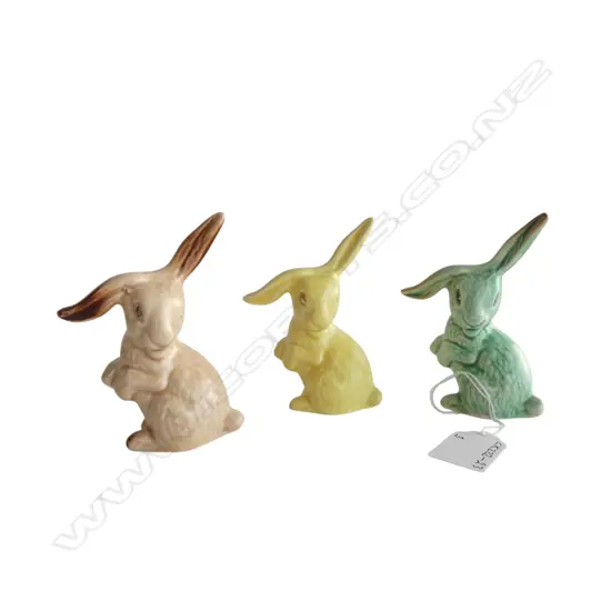 3 SYLVAC RABBITS, GREEN, YELLOW & BEIGE, H.100mm, 