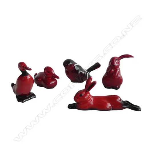 5 ROYAL DOULTON MINIATURE FLAMBE FIGURINES; rabbit, hare, duck, goose & bird