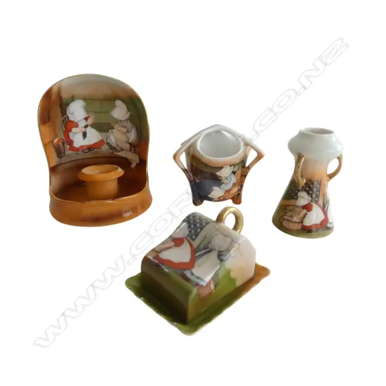 4 PCS ROYAL BAYREUTH SUNBONNET WARE; CANDLESTICK, 2 MINIATURE VASES & BUTTER DISH