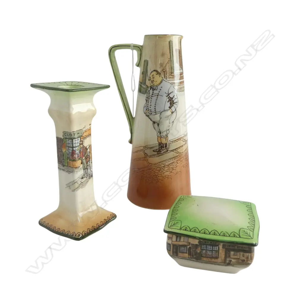 3 PCS ROYAL DOULTON DICKENS WARE; JUG, CANDLESTICK & TRINKET BOX, 220mm, 160mm, 50mm Image 1++