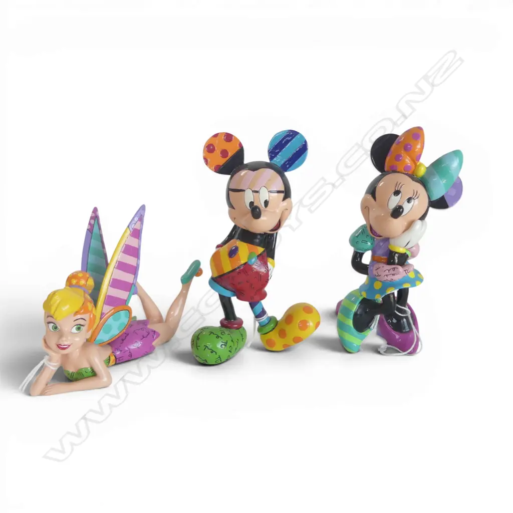 3 ROMERO BRITTO DISNEY FIGURINES; MICKEY MOUSE, MINNIE MOUSE & TINKERBELL, H.150/150/100mm Image 1++
