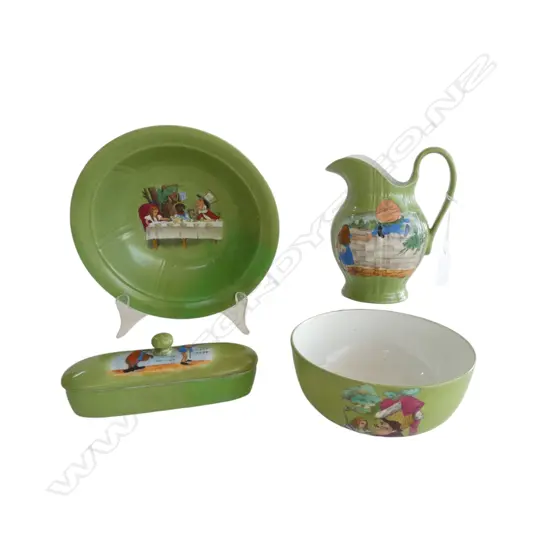 4 PCS GERMAN 'ALICE in WONDERLAND' PORCELAIN; JUG H.150, 2 BOWLS & TRINKET BOX