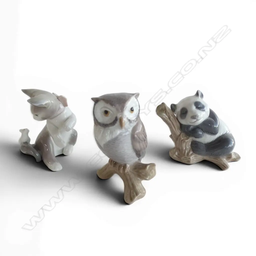 3 SML LLADRO ANIMAL FIGURINES, OWL, PANDA BEAR, CAT&MOUSE, H.80mm Image 1++