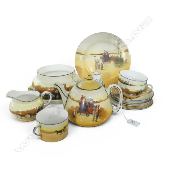 ROYAL DOULTON COACHING DAYS CHINA TEAPOT, CREAM JUG, 2 VASES, etc