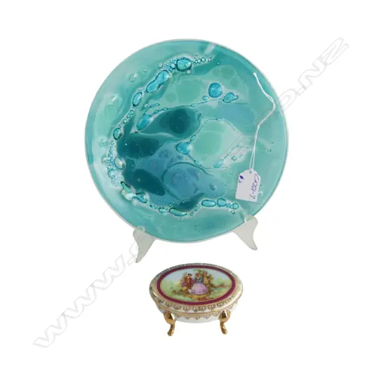 Bill Bestic 2004 sea colours glass dish. Labelled verso. Dia.215mm. + Limoges small box.
