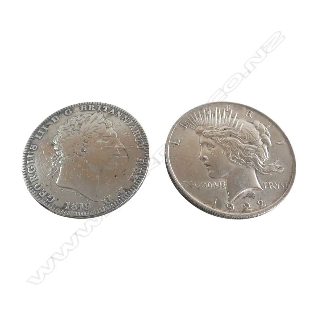 A GEO. III SILVER CROWN 1819 & AMERICAN SILVER PEACE DOLLAR 1922 Image 1++