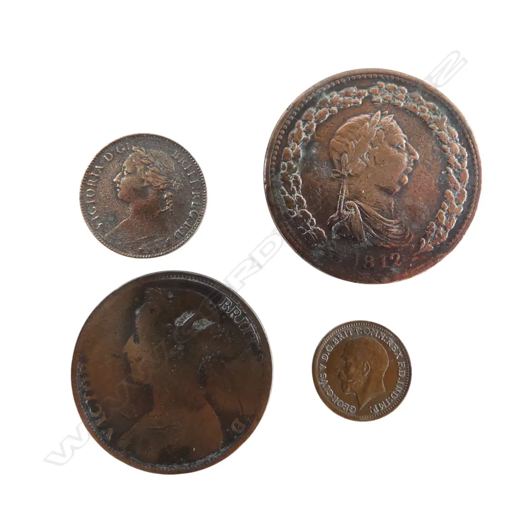 4 COINS; 1812 PENNY, 1982 BRITISH PENNY, 1/3 FARTHING 1913, 1881 FARTHING Image 1++