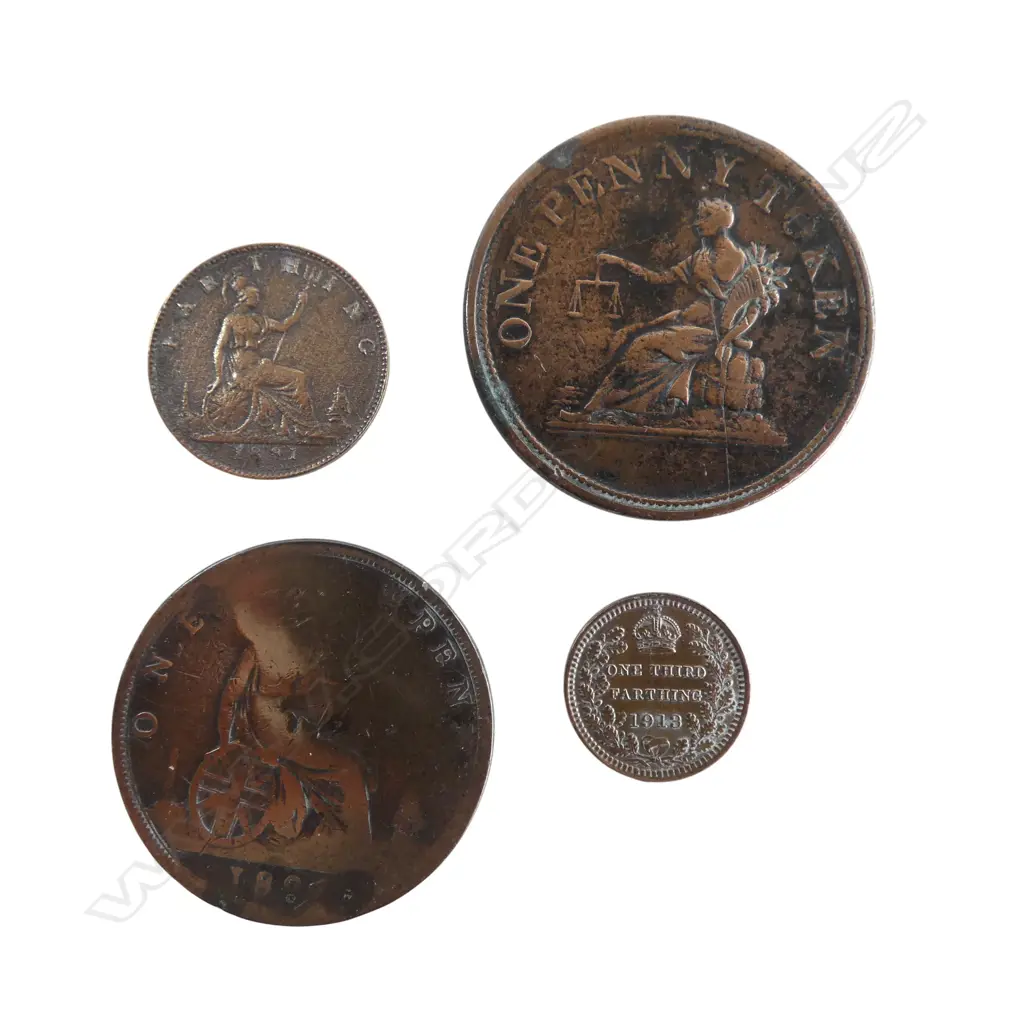 4 COINS; 1812 PENNY, 1982 BRITISH PENNY, 1/3 FARTHING 1913, 1881 FARTHING Image 1++